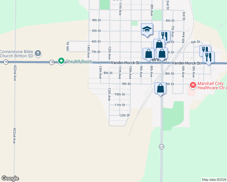 map of restaurants, bars, coffee shops, grocery stores, and more near 900-912 12th Ave in Britton