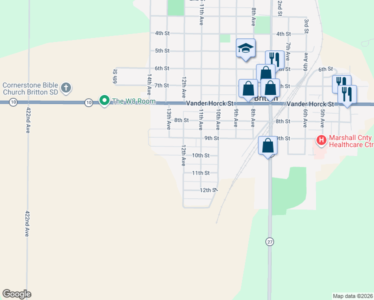 map of restaurants, bars, coffee shops, grocery stores, and more near 900-912 12th Ave in Britton