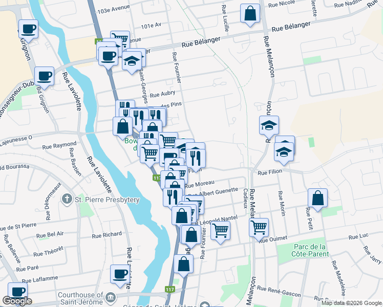 map of restaurants, bars, coffee shops, grocery stores, and more near 305 Rue Scott in Saint-Jérôme
