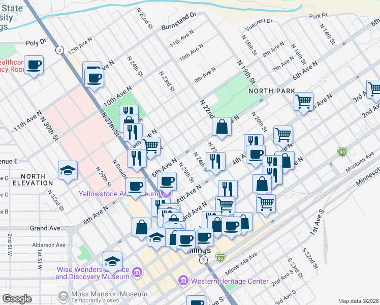 map of restaurants, bars, coffee shops, grocery stores, and more near 2404 6th Avenue North in Billings