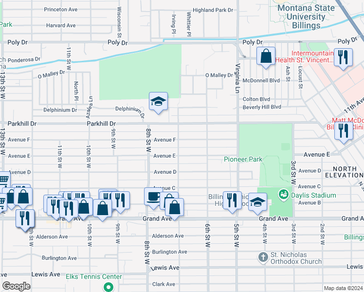map of restaurants, bars, coffee shops, grocery stores, and more near 641 Avenue F in Billings