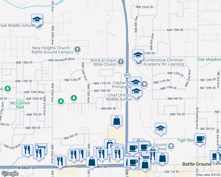 map of restaurants, bars, coffee shops, grocery stores, and more near 1202 Northwest 10th Street in Battle Ground