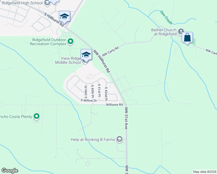 map of restaurants, bars, coffee shops, grocery stores, and more near 3625 South 42nd Place in Ridgefield