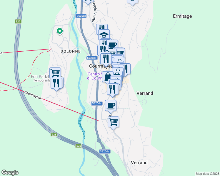 map of restaurants, bars, coffee shops, grocery stores, and more near 26 Via degli Anziani in Courmayeur