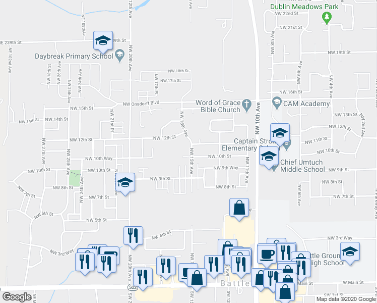 map of restaurants, bars, coffee shops, grocery stores, and more near 1004 Northwest 15th Avenue in Battle Ground