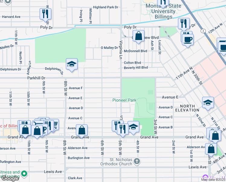 map of restaurants, bars, coffee shops, grocery stores, and more near 518 Avenue F in Billings