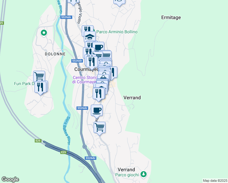 map of restaurants, bars, coffee shops, grocery stores, and more near 70 Via Guglielmo Marconi in Courmayeur