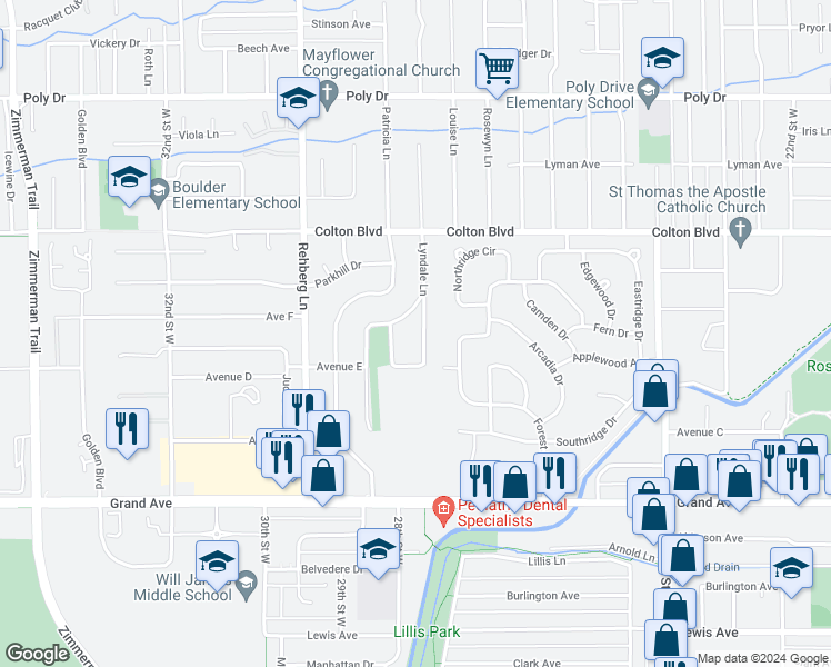 map of restaurants, bars, coffee shops, grocery stores, and more near 1822 Lyndale Lane in Billings
