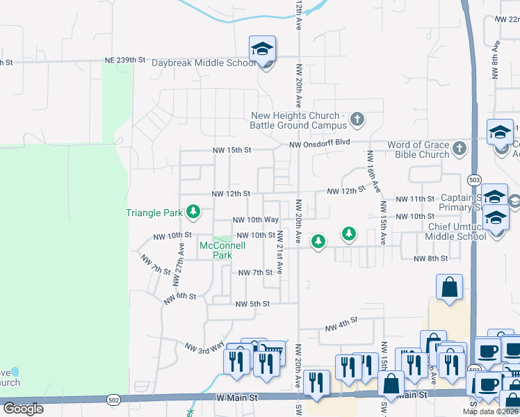 map of restaurants, bars, coffee shops, grocery stores, and more near 1102 Northwest 22nd Avenue in Battle Ground