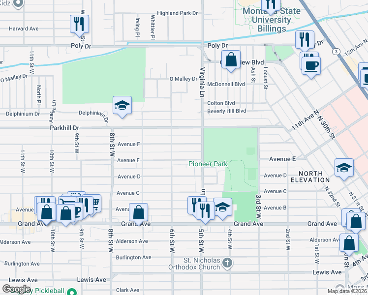 map of restaurants, bars, coffee shops, grocery stores, and more near 525 Avenue F in Billings