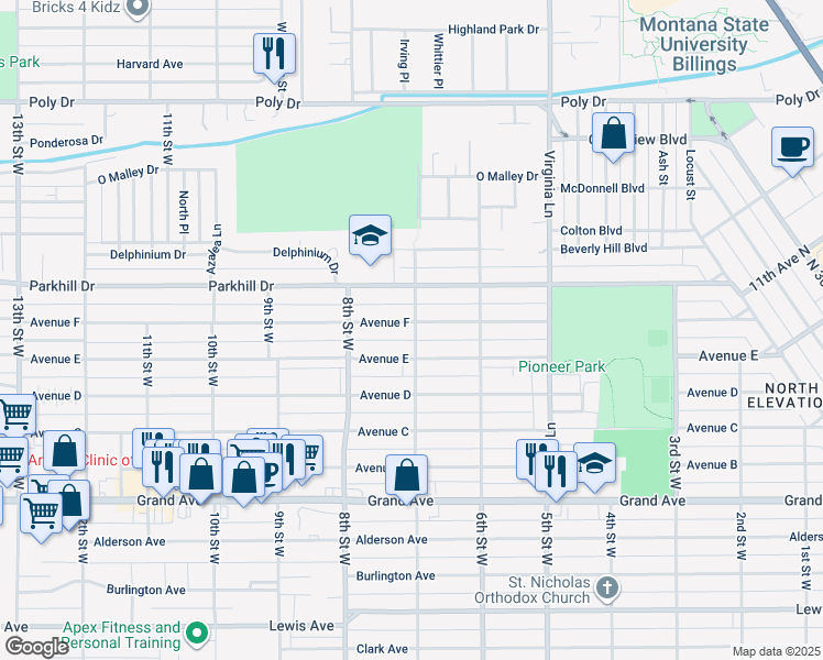 map of restaurants, bars, coffee shops, grocery stores, and more near 711 Avenue F in Billings