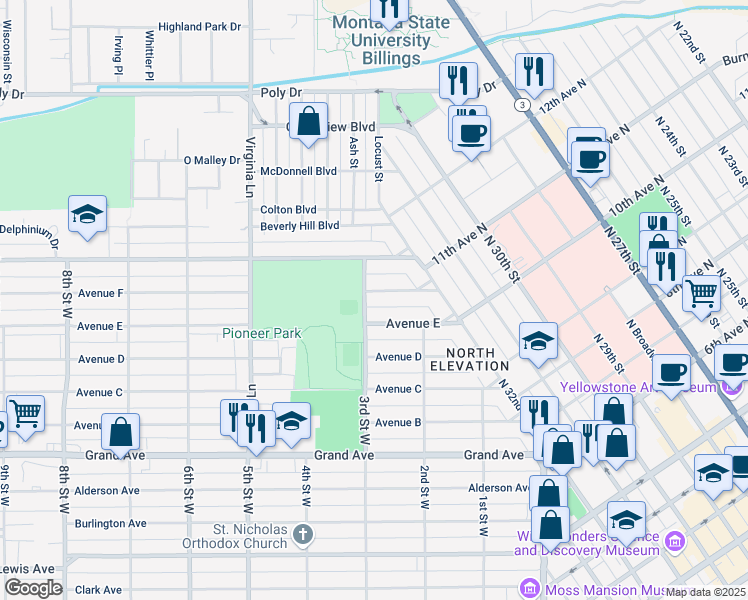 map of restaurants, bars, coffee shops, grocery stores, and more near 244 Avenue F in Billings
