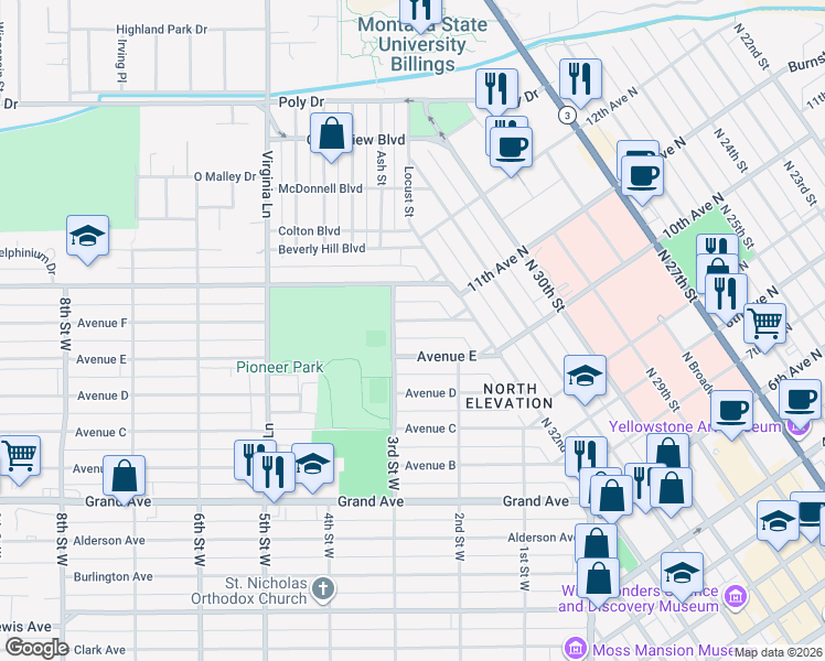 map of restaurants, bars, coffee shops, grocery stores, and more near 244 Avenue F in Billings