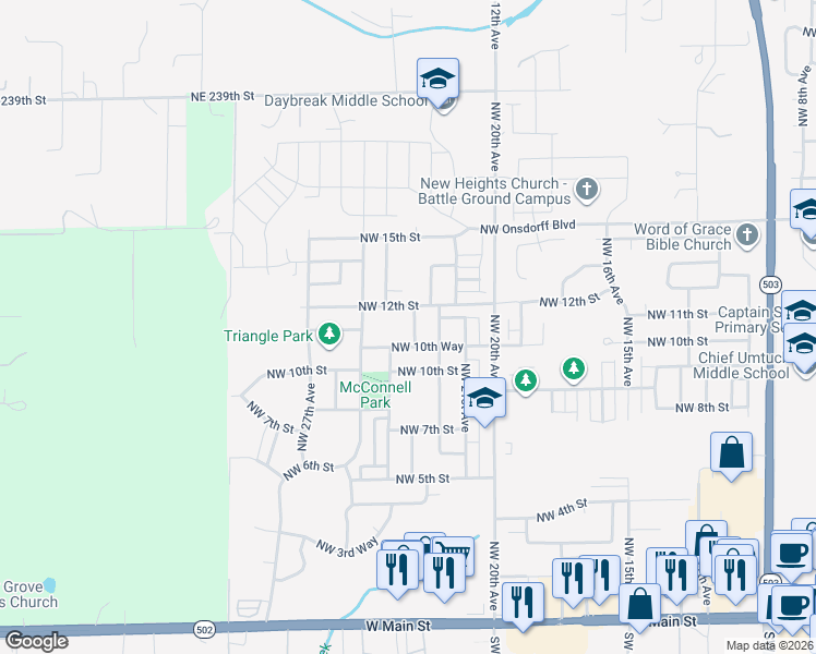 map of restaurants, bars, coffee shops, grocery stores, and more near 2311 Northwest 12th Street in Battle Ground