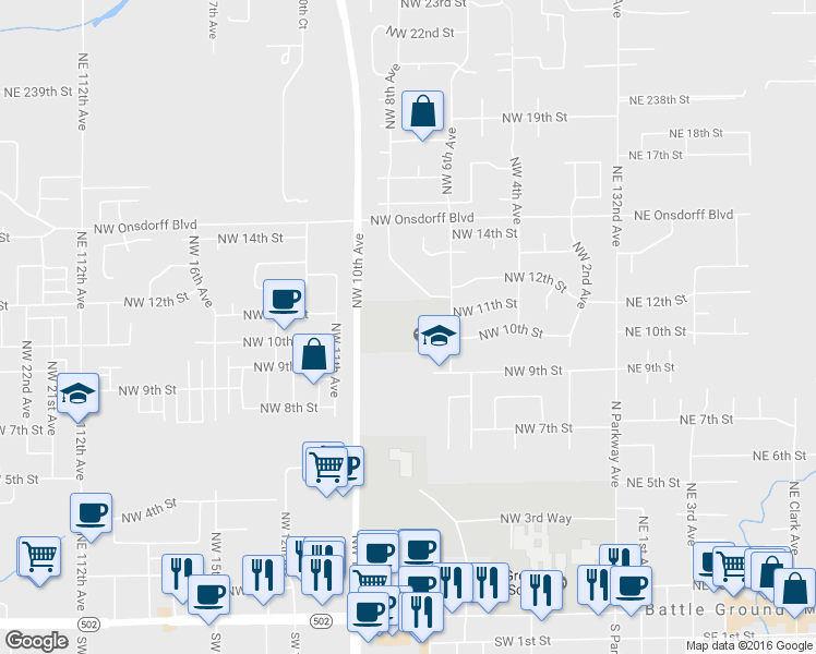 map of restaurants, bars, coffee shops, grocery stores, and more near 1002 NW 6th Ave in Battle Ground