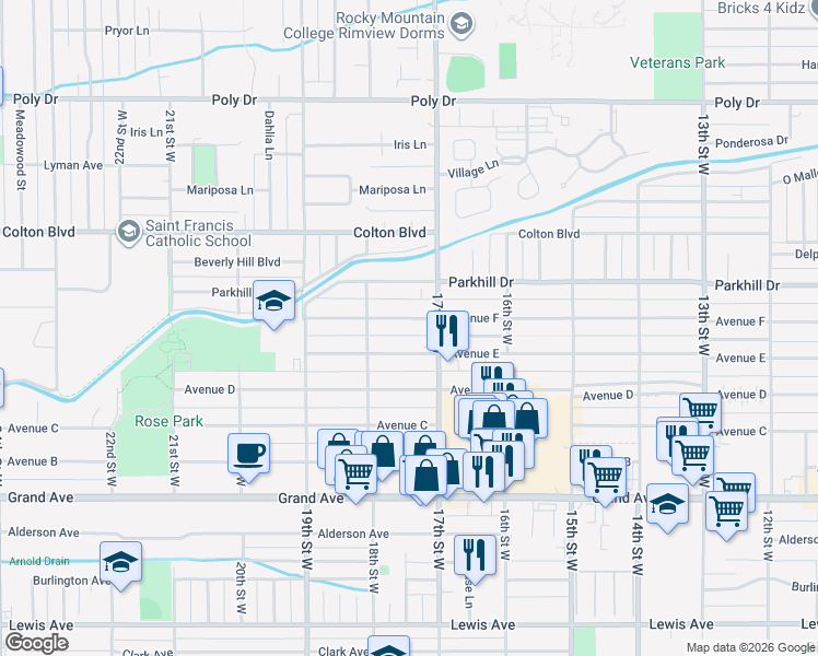 map of restaurants, bars, coffee shops, grocery stores, and more near 1700-1736 Ave F in Billings