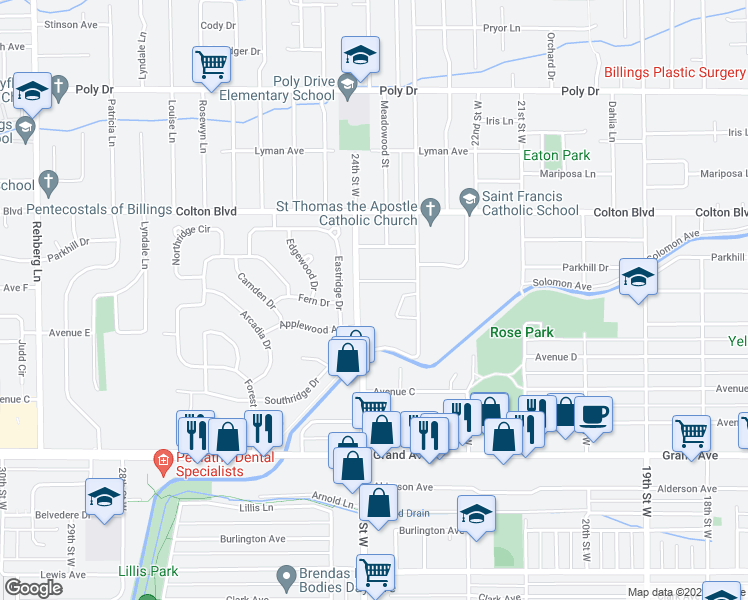 map of restaurants, bars, coffee shops, grocery stores, and more near 1807 24th Street West in Billings