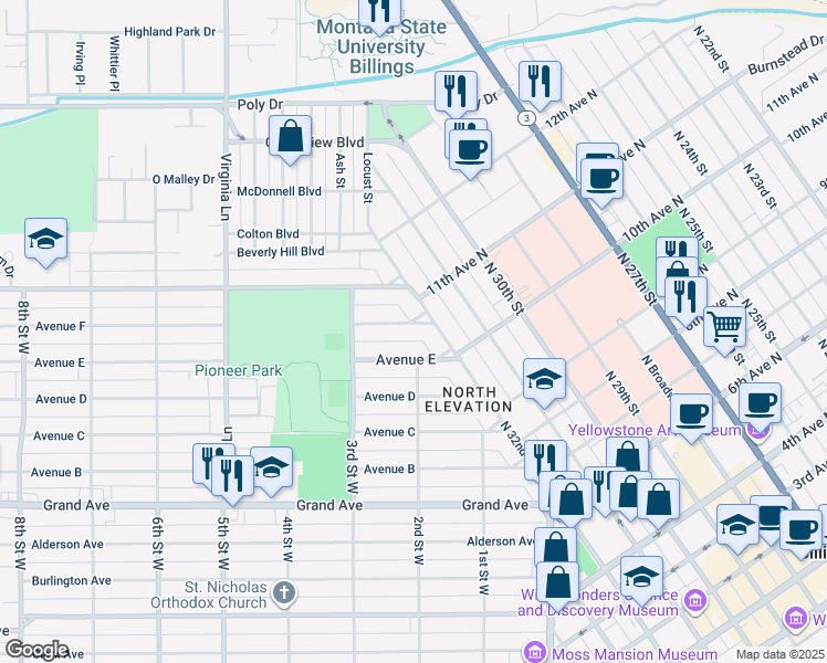 map of restaurants, bars, coffee shops, grocery stores, and more near 214 Avenue F in Billings