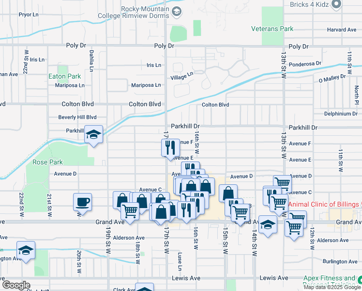 map of restaurants, bars, coffee shops, grocery stores, and more near 1628 Avenue F in Billings
