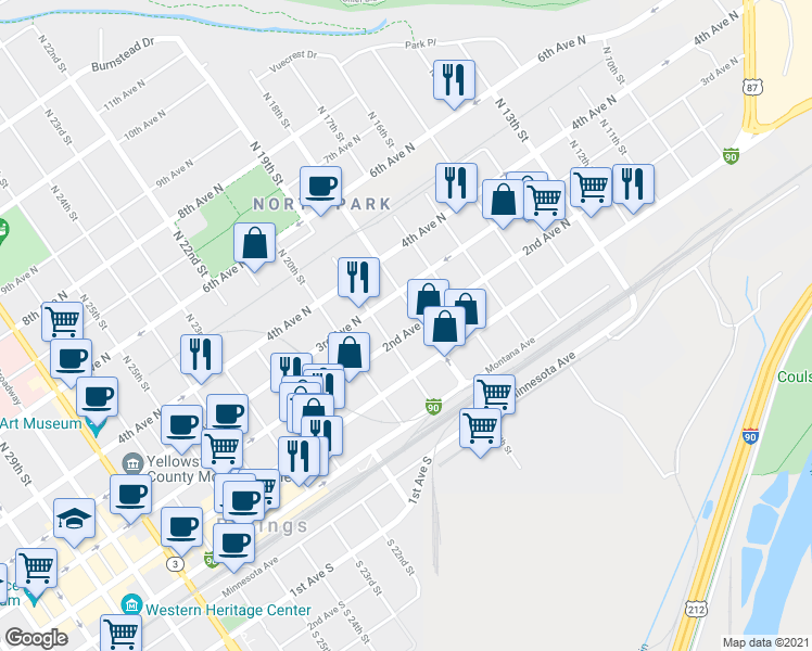 map of restaurants, bars, coffee shops, grocery stores, and more near 1811 2nd Avenue North in Billings