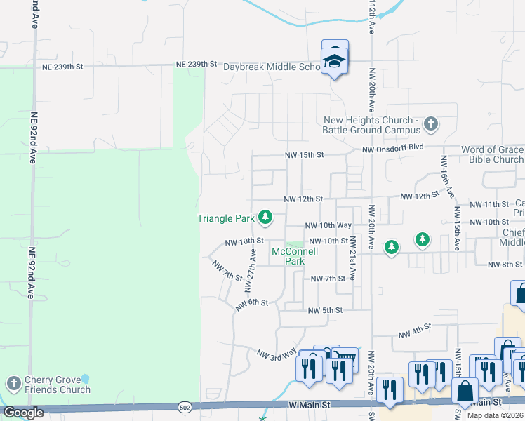 map of restaurants, bars, coffee shops, grocery stores, and more near 2610 Northwest 11th Street in Battle Ground