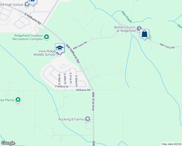map of restaurants, bars, coffee shops, grocery stores, and more near 23117 Northwest Hillhurst Road in Ridgefield