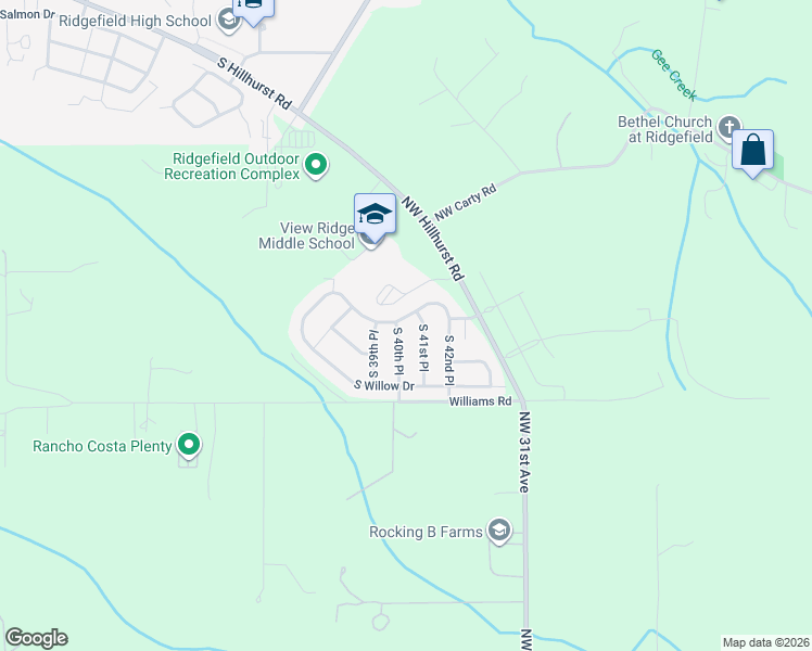 map of restaurants, bars, coffee shops, grocery stores, and more near 3704 South 40th Place in Ridgefield