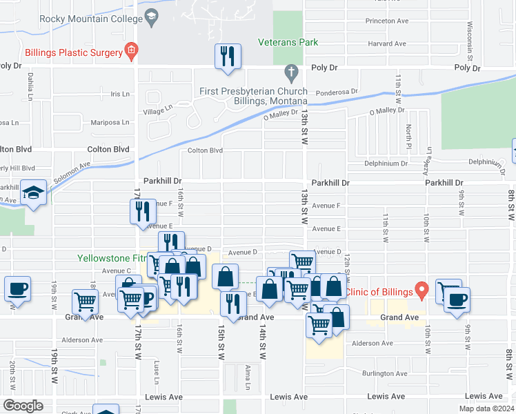 map of restaurants, bars, coffee shops, grocery stores, and more near 1404 Avenue F in Billings