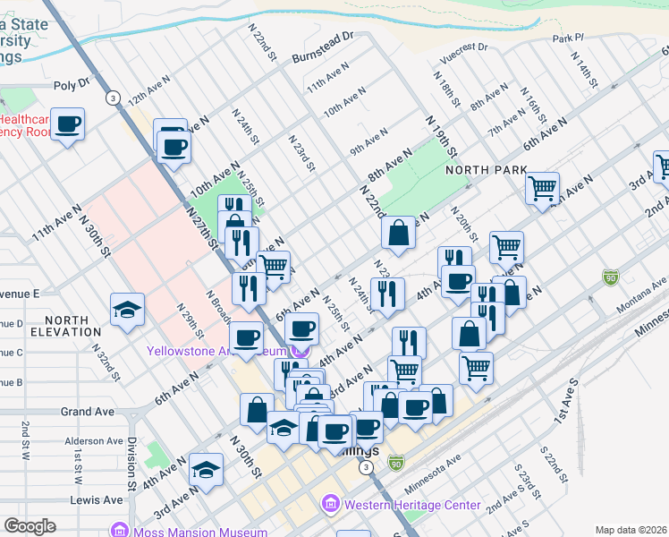 map of restaurants, bars, coffee shops, grocery stores, and more near 608 North 24th Street in Billings