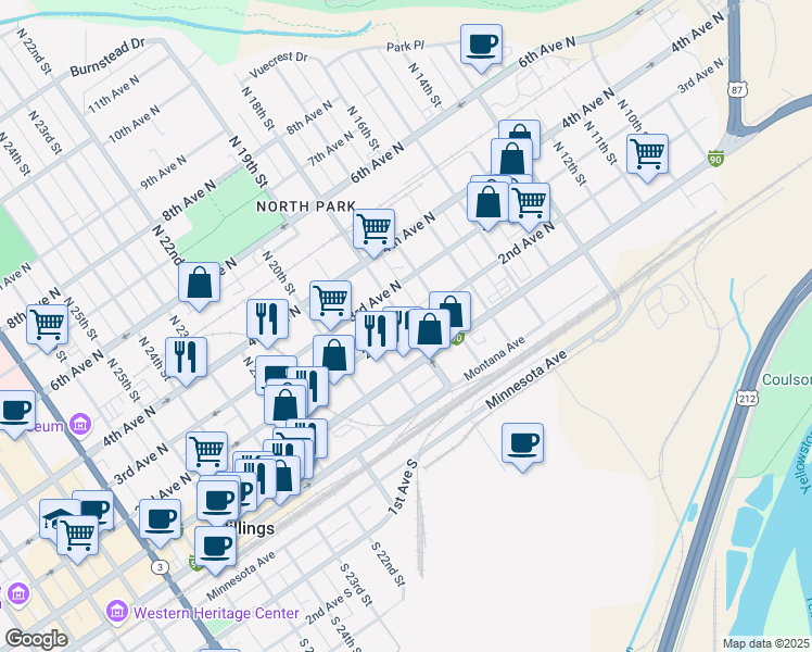 map of restaurants, bars, coffee shops, grocery stores, and more near 1801 2nd Avenue North in Billings