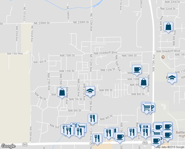 map of restaurants, bars, coffee shops, grocery stores, and more near 1105 Northwest 20th Avenue in Battle Ground