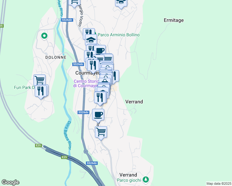 map of restaurants, bars, coffee shops, grocery stores, and more near 70 Via Guglielmo Marconi in Courmayeur