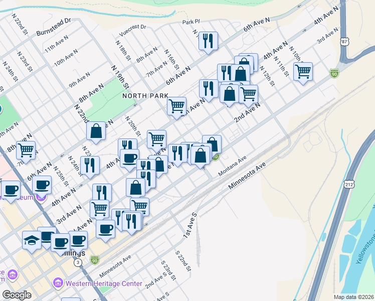 map of restaurants, bars, coffee shops, grocery stores, and more near 206 North 18th Street in Billings