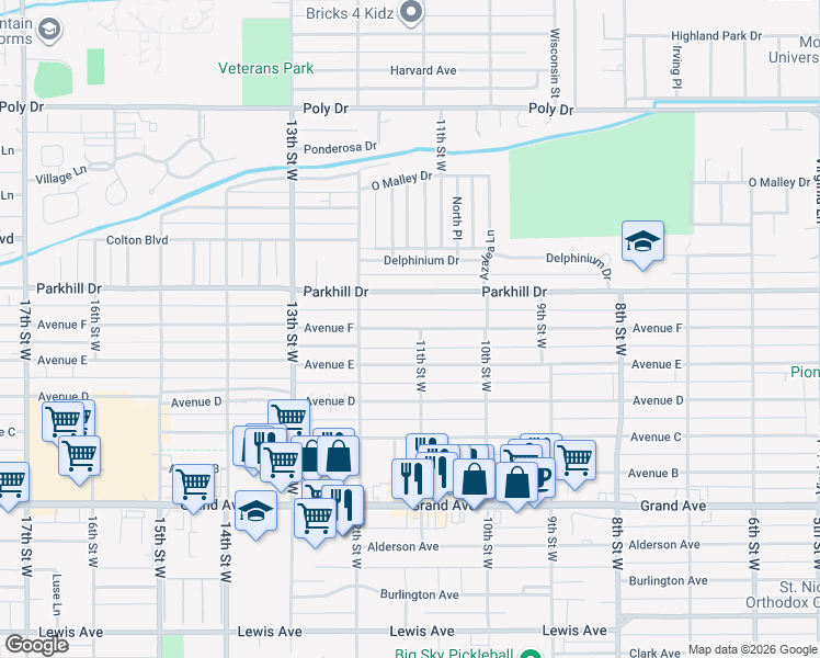 map of restaurants, bars, coffee shops, grocery stores, and more near 1117 Ave F in Billings
