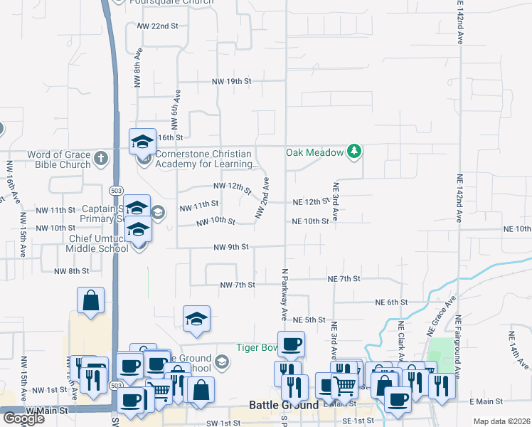 map of restaurants, bars, coffee shops, grocery stores, and more near 15 Northwest 12th Street in Battle Ground