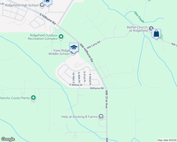 map of restaurants, bars, coffee shops, grocery stores, and more near 3625 South 42nd Place in Ridgefield