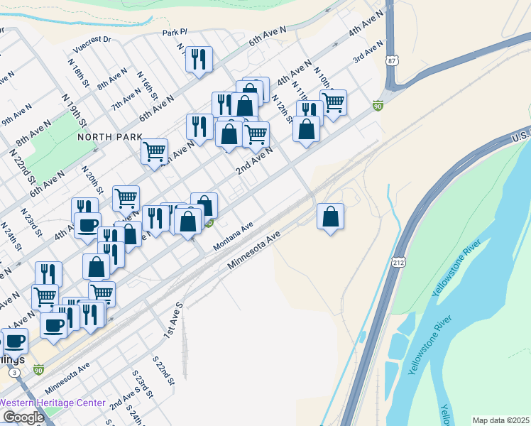map of restaurants, bars, coffee shops, grocery stores, and more near 1 North 15th Street in Billings