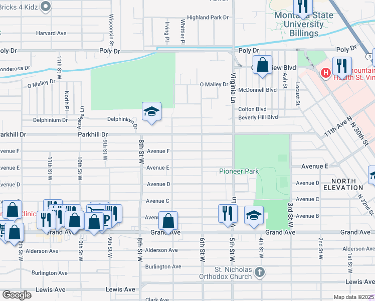 map of restaurants, bars, coffee shops, grocery stores, and more near 641 Ave F in Billings