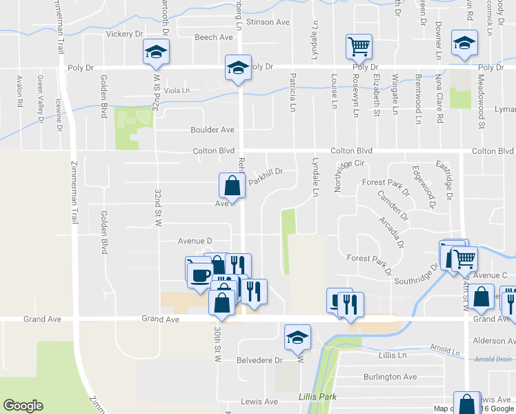 map of restaurants, bars, coffee shops, grocery stores, and more near 1904 Patricia Lane in Billings