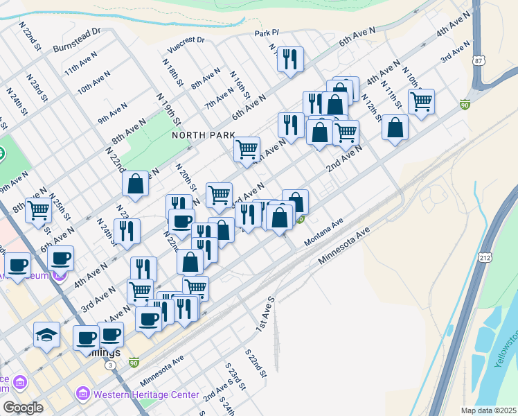 map of restaurants, bars, coffee shops, grocery stores, and more near 206 North 18th Street in Billings