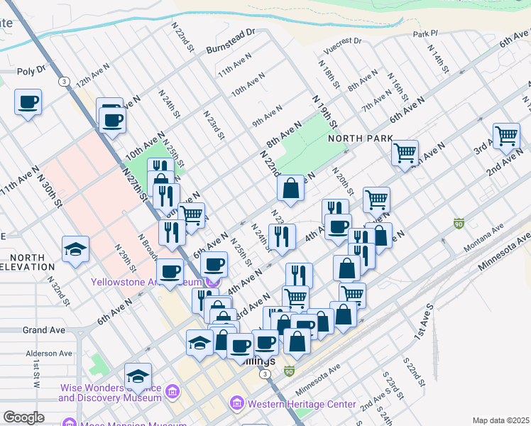 map of restaurants, bars, coffee shops, grocery stores, and more near 524 North 23rd Street in Billings