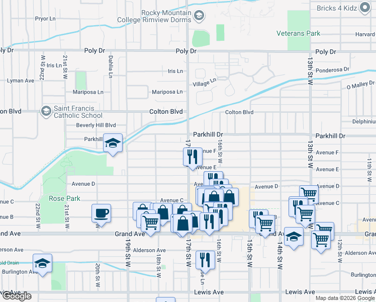 map of restaurants, bars, coffee shops, grocery stores, and more near 1700 Avenue F in Billings