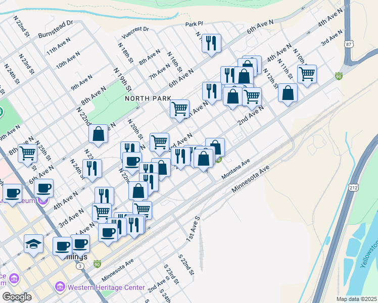 map of restaurants, bars, coffee shops, grocery stores, and more near 206 North 18th Street in Billings