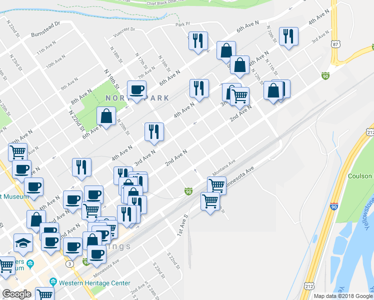 map of restaurants, bars, coffee shops, grocery stores, and more near 1741 2nd Avenue North in Billings