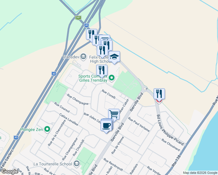 map of restaurants, bars, coffee shops, grocery stores, and more near 216 Rue Jacques Plante in Repentigny