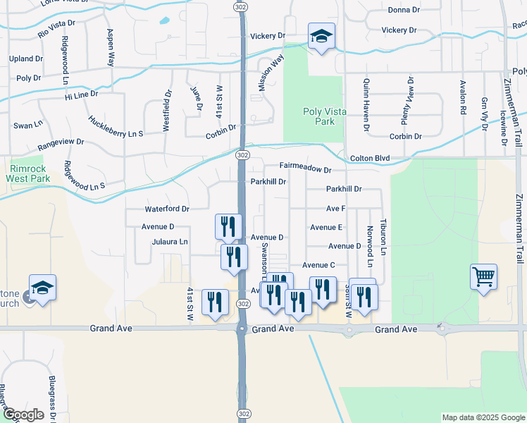map of restaurants, bars, coffee shops, grocery stores, and more near 1744 Swanson Lane in Billings