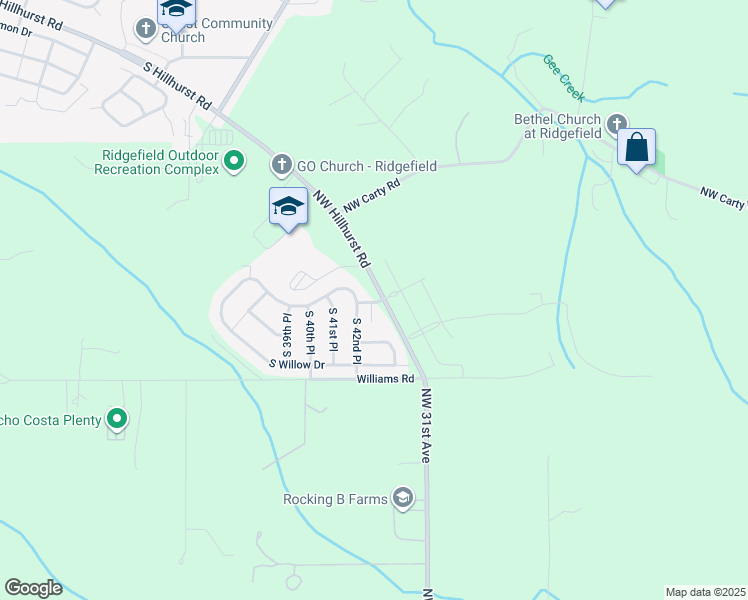 map of restaurants, bars, coffee shops, grocery stores, and more near 23117 Northwest Hillhurst Road in Ridgefield