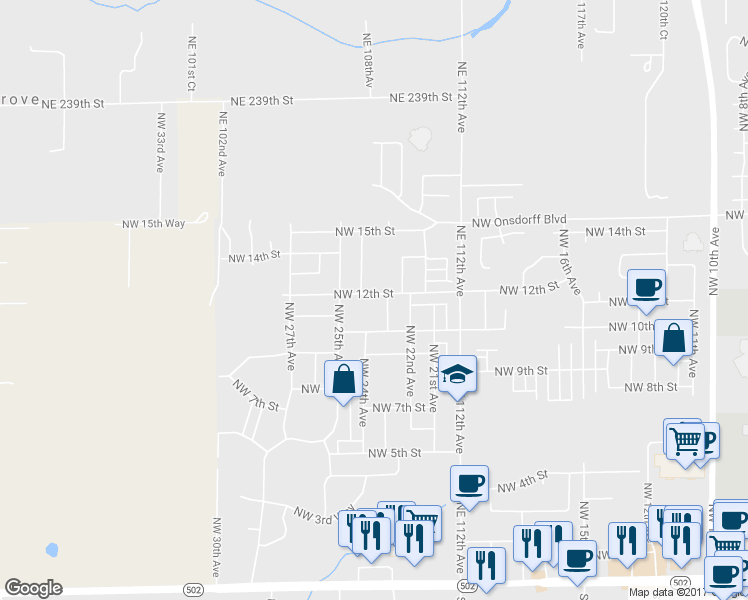 map of restaurants, bars, coffee shops, grocery stores, and more near 2311 Northwest 12th Street in Battle Ground