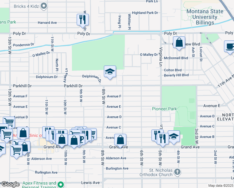 map of restaurants, bars, coffee shops, grocery stores, and more near 711 Avenue F in Billings