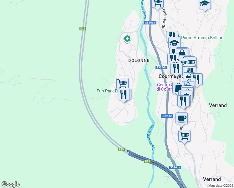 map of restaurants, bars, coffee shops, grocery stores, and more near 7 Strada Checrouit in Courmayeur